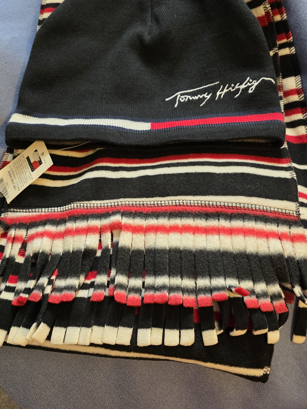 Tommy Hilfiger Black, Red & White Striped Knit Beanie and Fringe Scarf Set